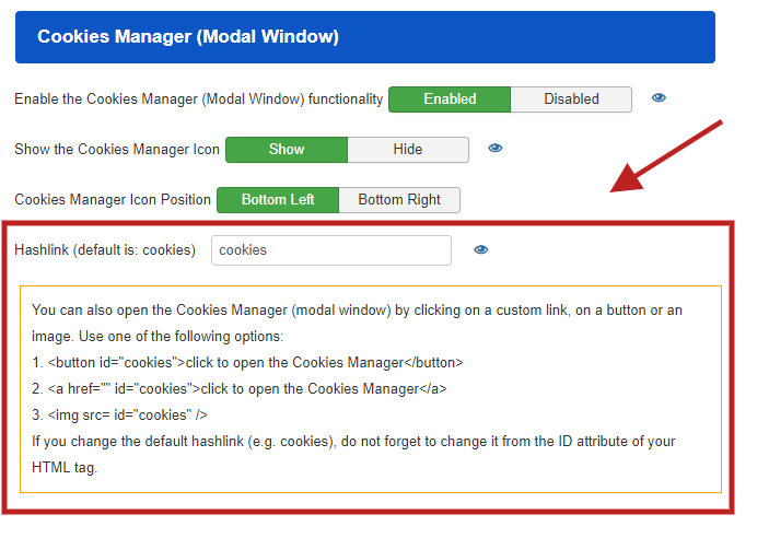 Open the Cookie Manager (modal window) from anywhere.